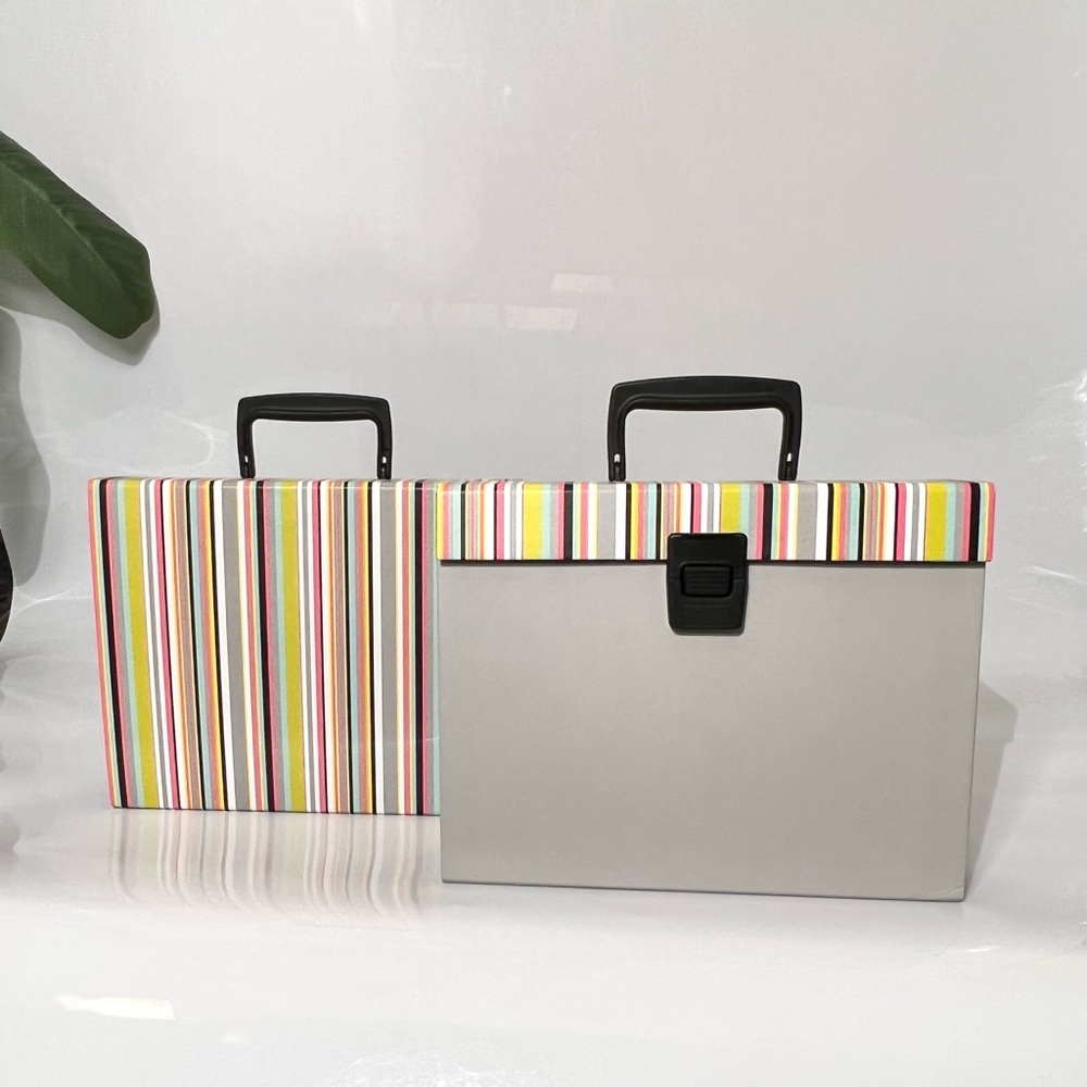 2 Expanding Accordion File Boxes with Latch and Handle Gray/ Muti color stripes